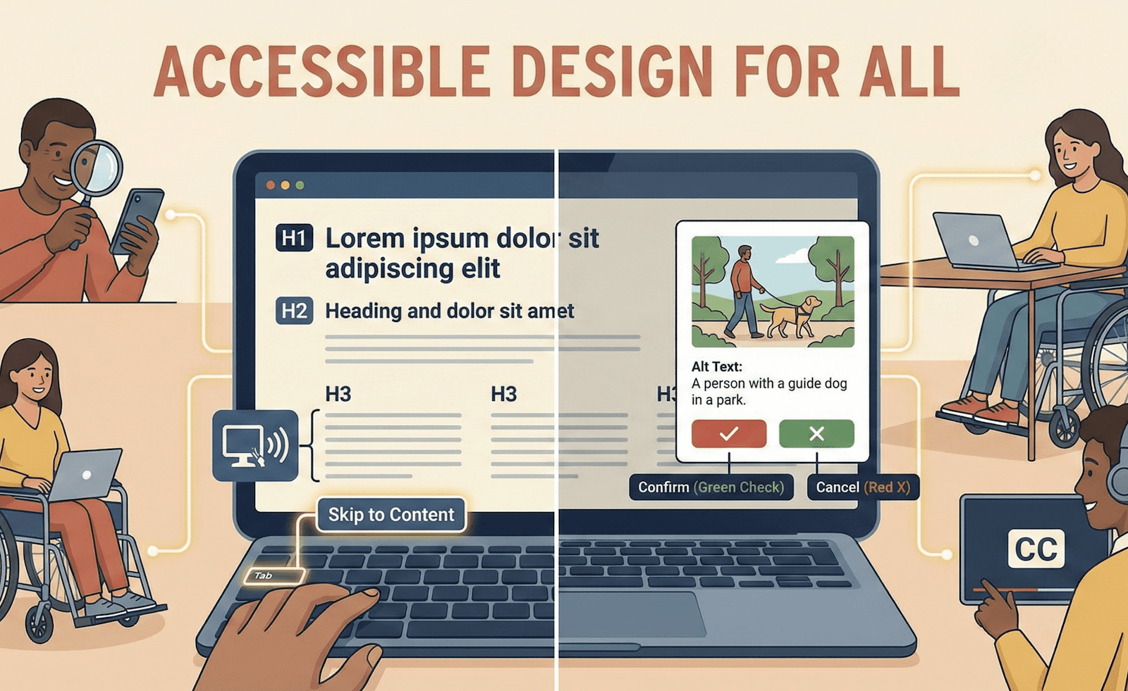 Illustration showing accessible design in a digital interface, including proper heading structure, alt text for images, keyboard navigation, captions, and inclusive users such as people using screen readers, wheelchairs, and assistive technologies.