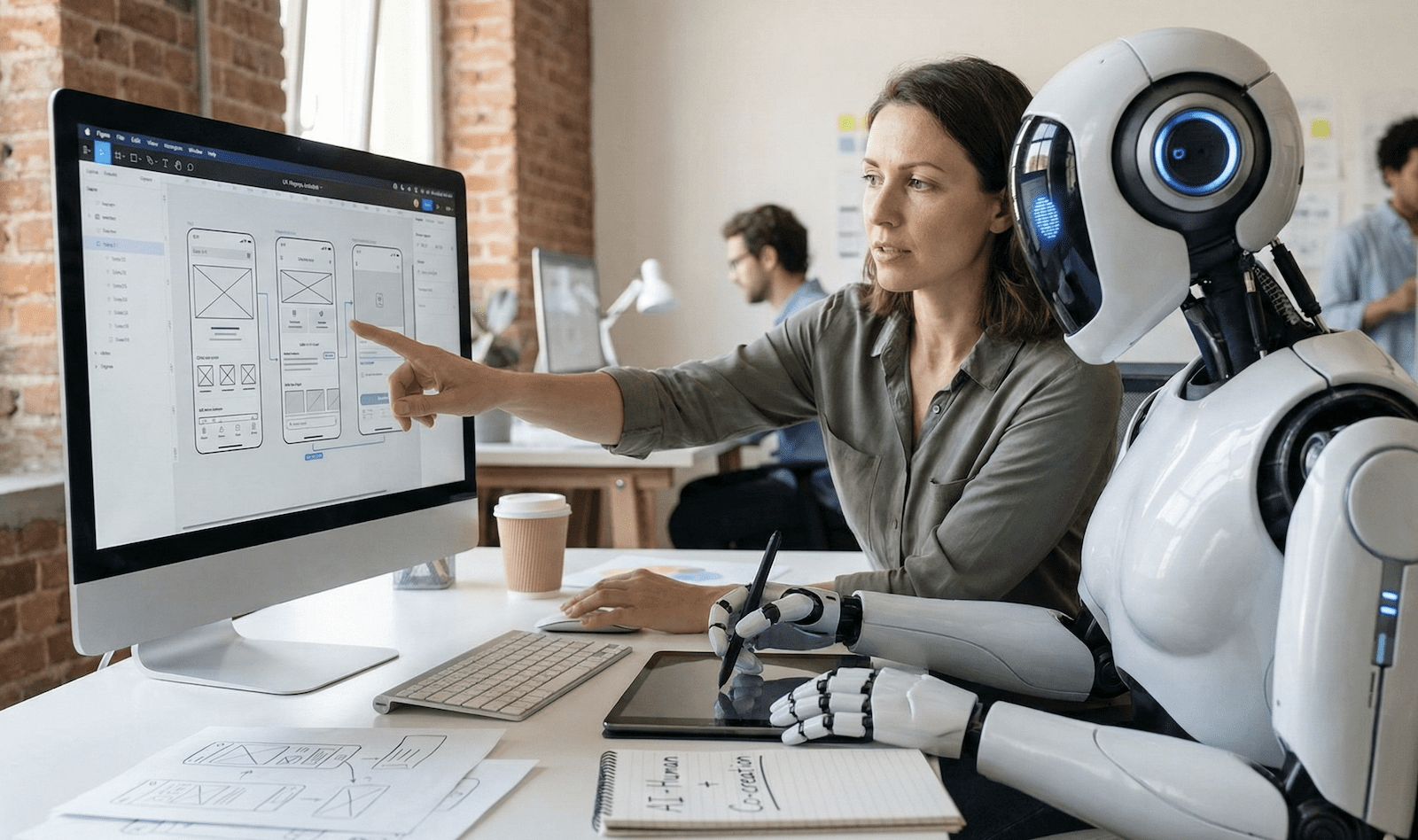 AI-assisted product design process showing a UX designer working with an artificial intelligence tool on digital wireframes.